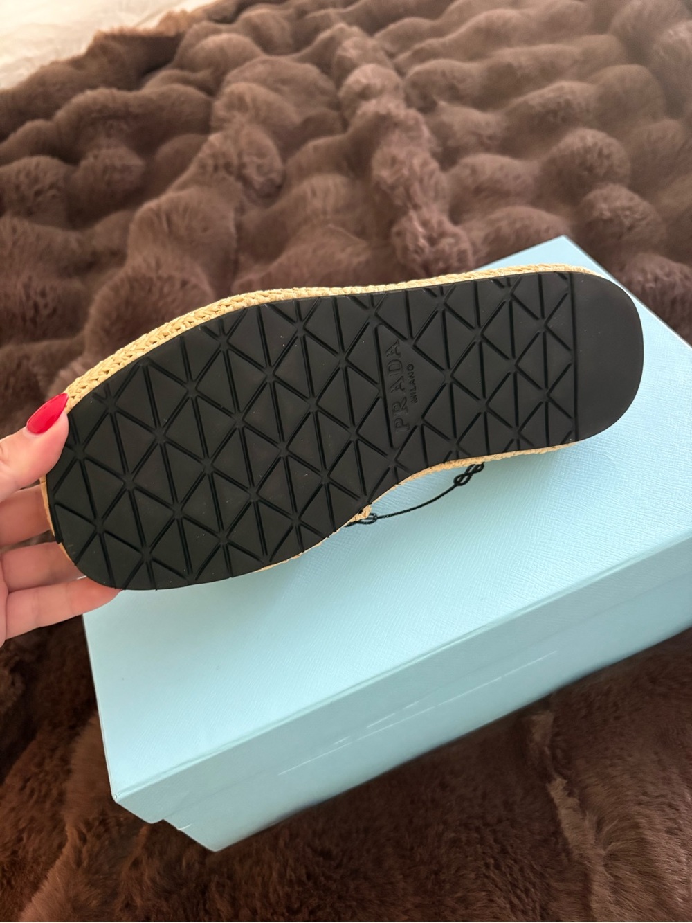 Prada Natural Raffia Slide Sandals with Gold Logo - Picture 3 of 3